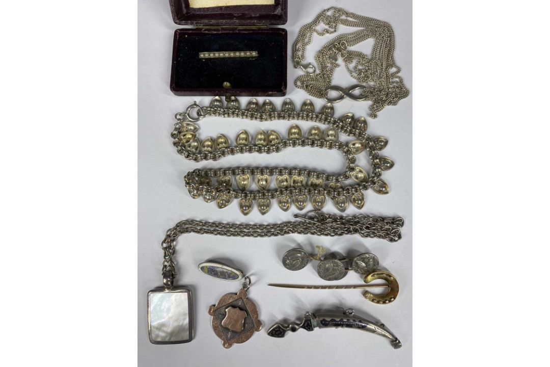 ASSORTED SILVER JEWELLERY including necklaces, seed pearl bar brooch, set of four buttons, horseshoe - Image 1 of 4