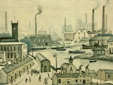 L. S. LOWRY (British 1887-1976) large colour print - entitled 'Canal and Factories', 60.5 x 74.