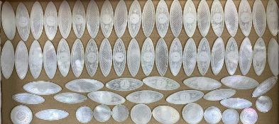 COLLECTION OF CHINESE MOTHER OF PEARL GAMING COUNTERS with engraved decoration, 49 oval, 62 x 21mms,