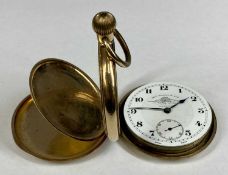 THOMAS RUSSELL GOLD PLATED FULL HUNTER POCKET WATCH, keyless, white enamel dial, Arabic numerals and