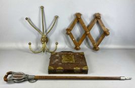 TUBULAR BRASS SIX PRONG WALL MOUNTED HAT & COAT RACK and beech concertina wall mounted hat and