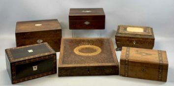 SIX ASSORTED 19TH CENTURY WOODEN BOXES including rosewood trinket box with fitted interior, 30cms (