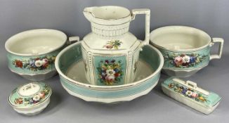 VICTORIAN FIVE PIECE JUG & BOWL SET, cream and turquoise with hand painted floral sprays Provenance: