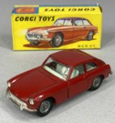 CORGI TOYS - boxed MGB GT, red body, pale blue interior, chrome trim and wire wheels, black suitcase