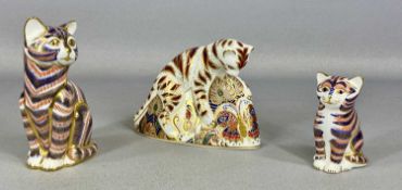 THREE ROYAL CROWN DERBY PAPERWEIGHTS, 'Cat', 'Kitten' and 'Bengal Tiger Cub' with gold stoppers