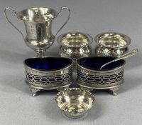 GROUP OF SMALL SILVER COLLECTABLES including two-handled trophy, a pair of circular open salts
