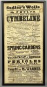 ORIGINAL 1854 THEATRE ROYAL SADLER'S WELLS POSTER - production of Cymbeline, 49.5 x 24 cms