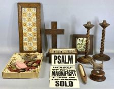 ASSORTED COLLECTABLES GROUP including box of hymn numbers and letters, oak crucifix on stand,