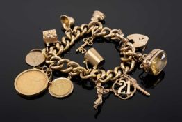 15CT GOLD CURB LINK CHARM BRACELET, heart shaped padlock, ten 9ct gold charms and a Victorian gold
