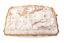 LATE 19TH CENTURY SHELL CAMEO BROOCH, of rectangular tapering form, depicting Aurora (Dawn)
