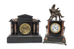TWO BELGIAN SLATE MANTEL CLOCKS including Japy Frères architectural clock with red marble pillars,