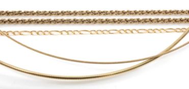 9CT GOLD, comprising unmarked yellow metal ropetwist chain, small openlink chain bracelet, and two