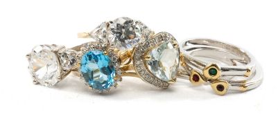 ASSORTED RINGS, including 'Joan Rivers' stacking ring, two cz-mounted rings, blue topaz halo ring,