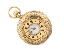 19TH C. SWISS 18K GOLD HALF HUNTER FOB WATCH, floral chased cases, blue enamel Roman case chapter