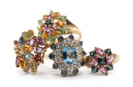 FOUR 9CT GOLD MULTI GEM SET DRESS RINGS, various stones and CZs in floral and halo settings, tot