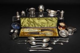 GROUP OF SILVER comprising cream jug, octagonal tapering caster, salt and peperette, various