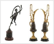 PAIR PARCEL GILT METAL EWERS, modelled in the Renaissance taste, 53cms H, slight rubbing to gilding,