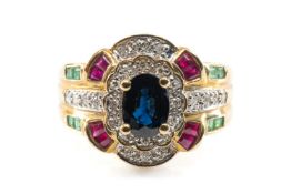 9CT MULTI-GEM RING, oval cut sapphire above diamonds, rubies and emeralds, gross wt 4.4g Provenance: