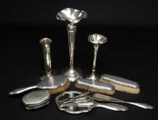 GROUP OF SILVER comprising two silver (loaded) tapering trumpet vases, silver cylindrical vase