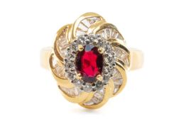 18CT PRESUME RHODOLITE GARNET & DIAMOND RING, oval stone withing halo and flower petal borders,