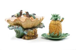CONTINENTAL MAJOLICA CLAM SHELL BOWL, with two birds perched on the rim, 38cms W, and a Portuguese