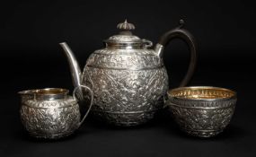 VICTORIAN THREE PIECE SILVER TEA SERVICE, Charles Boyton, London 1884, comprising teapot, cream