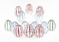 COLLECTION OF MURANO 'CAPRI' STEM VASES, 6 x red, 6 x blue, 2 x dark green, one clear, each