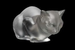 20TH CENTURY CRYSTAL LALIQUE CROUCHING CAT, no. 11602, clear and frosted, label 'Made in France',