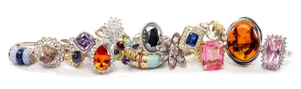 ASSORTED DRESS RINGS, silver and gold plated, set with coloured semiprecious stones and CZs (16)