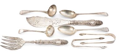 ASSORTED ANTIQUE SILVER FLATWARE, including pair Victorian fish servers, Sheffield 1854, the knife