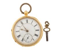 18CT GOLD OPEN FACED POCKET WATCH, stepped white enamel dial with Roman numerals and subsidiary