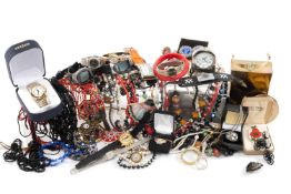 LARGE GROUP OF COSTUME JEWELLERY, including cuff links, tie pins, watches, beaded necklaces etc