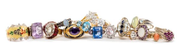 ASSORTED DRESS RINGS, silver and gold plated, set with coloured semiprecious stones and CZs (16)