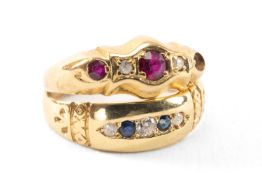 TWO GOLD RINGS comprising 18ct gold ruby and diamond chip ring together with an 18ct gold sapphire