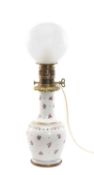 19TH C. FRENCH PORCELAIN TABLE LAMP, enamelled with flowers, converted from oil lamp, 49cms (h)