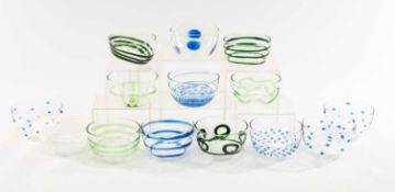 COLLECTION OF MURANO 'CAPRI' GLASS BOWLS, various patterns and colours including blues, greens,