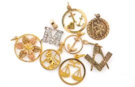 9CT GOLD PENDANTS, including Masonic square, Taurus, St. Christopher, anchor, Libra, capital