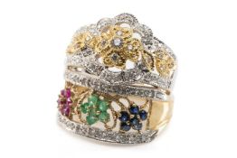 TWO GOLD DIAMOND RINGS, comprising 9ct sapphire, ruby, emerald & diamond triple-floret ring, 3.9g,