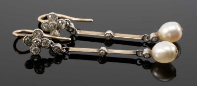 ANTIQUE PAIR OF PEARL & DIAMOND DROP EARRINGS, of diamond cluster, diamond set bars and pearl