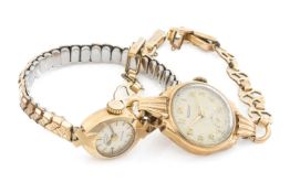 TWO 9CT GOLD VINTAGE ROTARY LADIES' WATCHES, comprising 21J manual wind watch with silvered dial,