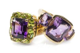 TWO GOLD AMETHYST RINGS, comprising 9ct 3-stone ring in rub over setting, gross wt 5.4g, and 15ct