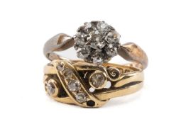 TWO 18CT GOLD DIAMOND RINGS comprising seven stone cluster and a scroll design ring, 6.4gms gross (