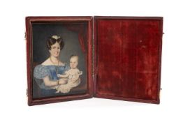 EARLY 19TH C. FRENCH SCHOOL, oil on card - portrait miniature of a mother and child, she in blue