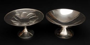TWO SIMILAR SILVER TAZZE, London & Birmingham hallmarks, both of circular form on pedestal bases, (