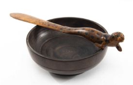 LIGNUM VITAE TURNED BOWL, 5.5 (h) x 15cms (dia.), together with painted treen paper knife/page