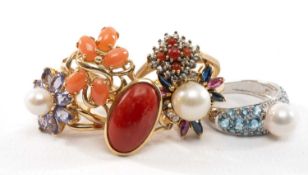 ASSORTED LADIES PEARL & CORAL DRESS RINGS, in 9 & 18ct settings, and including pearl, ruby, sapphire