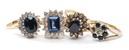 FOUR 9CT SAPPHIRE RINGS, comprising emerald-cut and cz halo, dark oval-cut and diamond halo, old