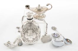 GROUP OF SMALL SILVER COLLECTABLES including, Victorian oval hip flask engraved M.A. Procter, '