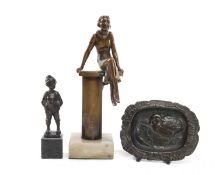 JOSEPH LORENZL STYLE BRONZE FIGURE OF A LADY, seated on plinth, 21cms (h), together with small