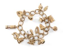 9CT GOLD CURB LINK CHARM BRACELET, heart shaped padlock, with thirteen 9ct gold charms and a